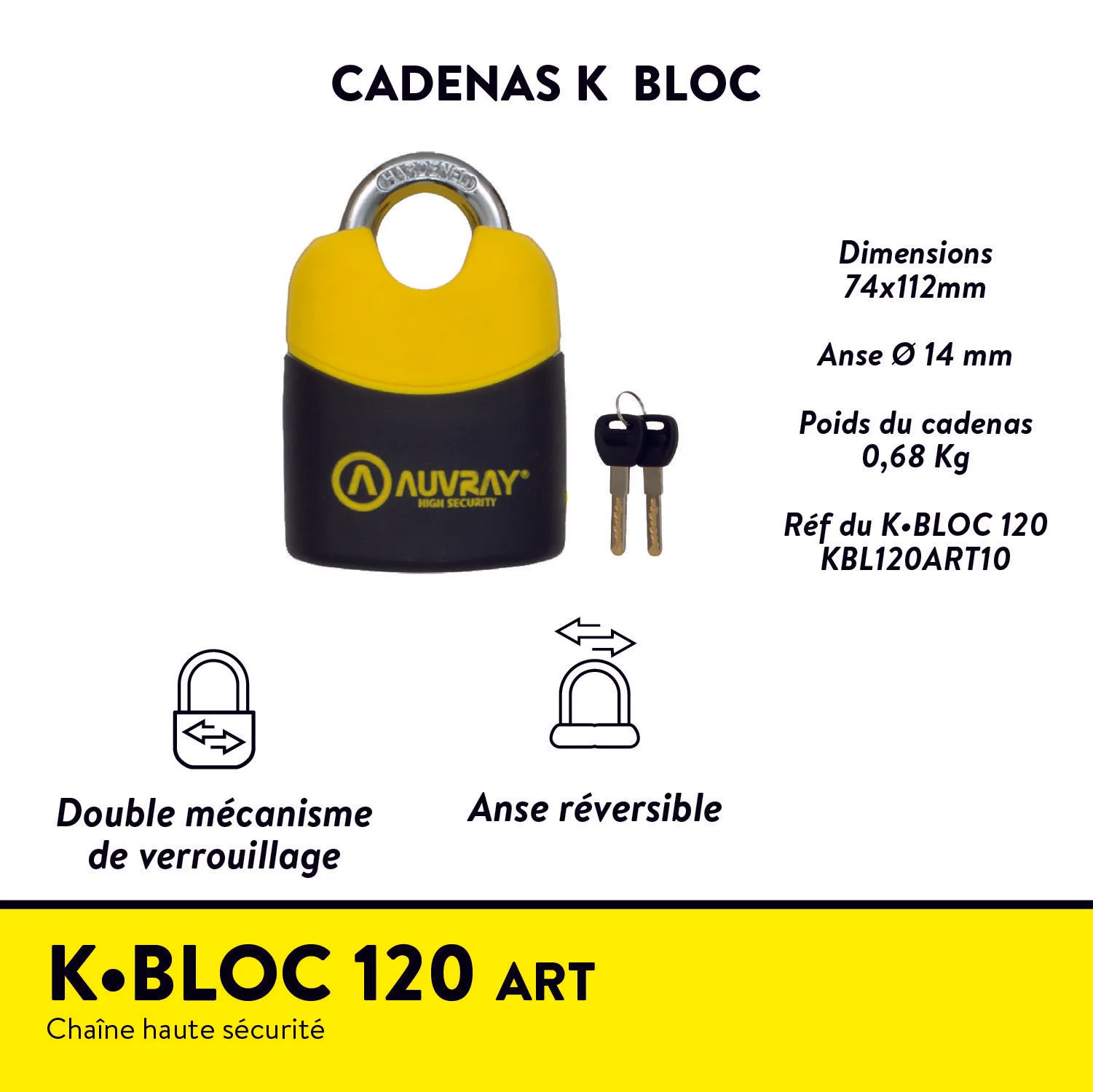 chaîne antivol vélo électrique 120cm K-Bloc Auvray certifiée SRA