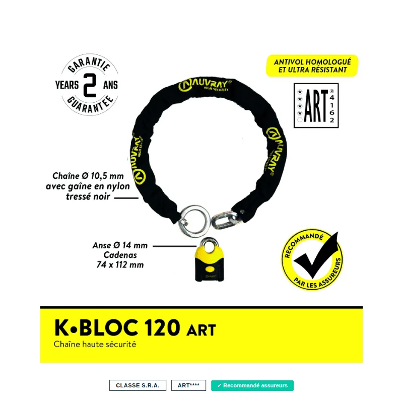 Antivol chaîne VAE certifié SRA ART4 K-Bloc 120 Auvray