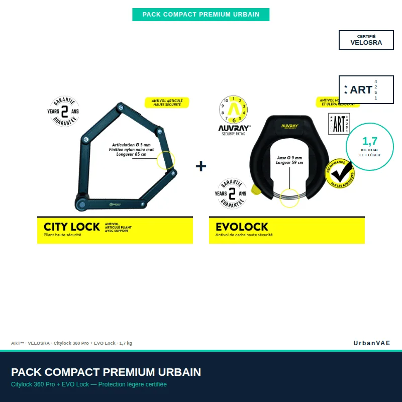 Pack Compact Premium Urbain Citylock 360 Pro EVO Lock certifié VELOSRA ART - UrbanVAE