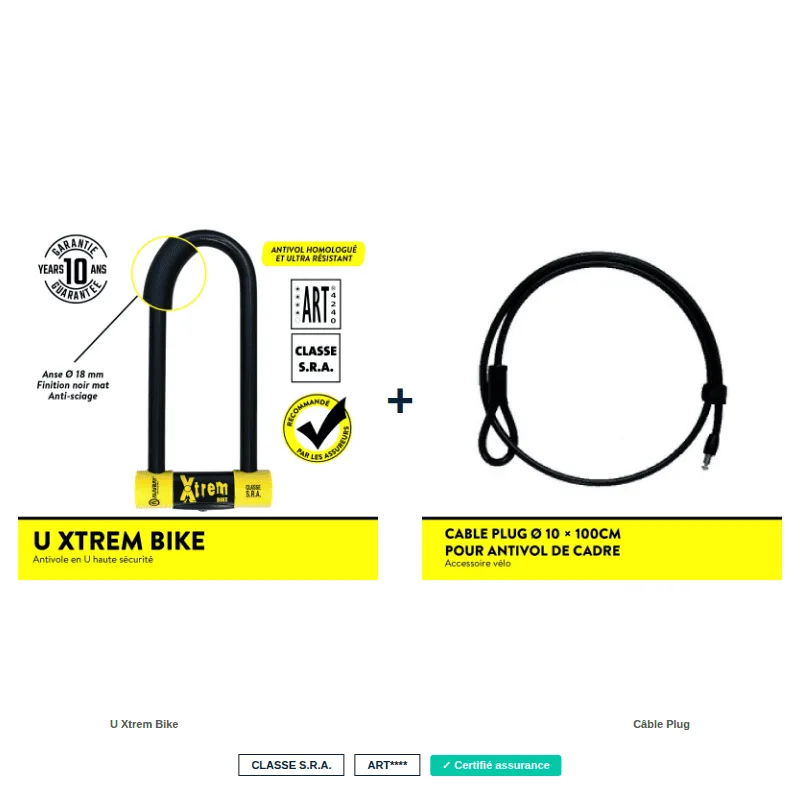 Pack antivol VAE certifié SRA assurance U Xtrem Bike câble plug Auvray